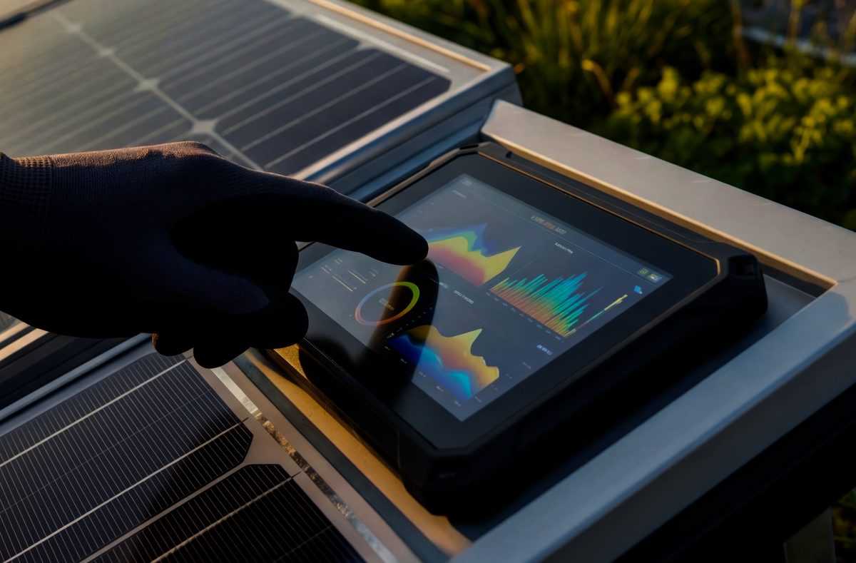 A gloved hand using a tablet showing performance charts next to solar panels